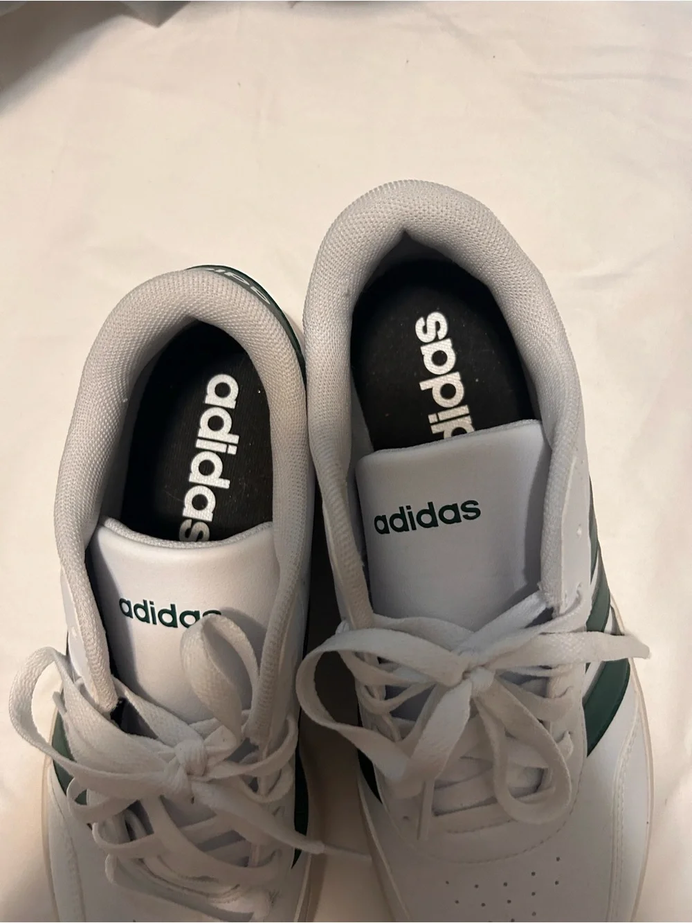 adidas White Sneakers with Dark Green Stripes